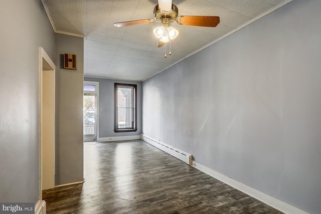 unfurnished room featuring ornamental molding, baseboards, ceiling fan, a baseboard heating unit, and dark wood finished floors