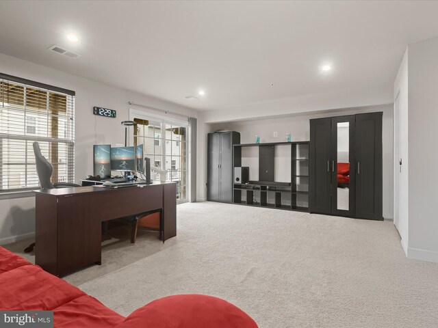 carpeted home office with baseboards and recessed lighting