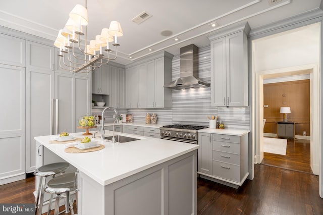 kitchen featuring visible vents, light countertops, wall chimney exhaust hood, a sink, and gray cabinetry