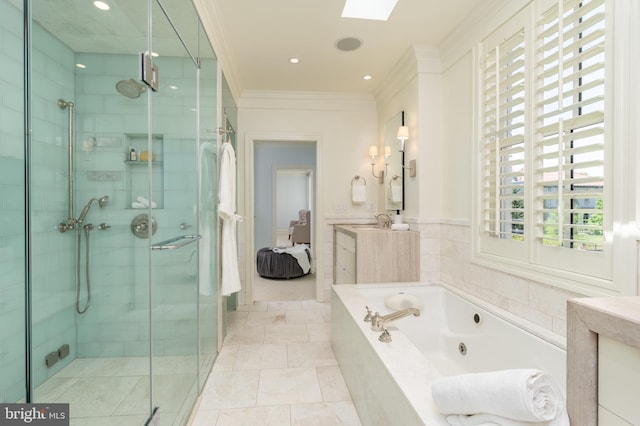 full bath featuring vanity, ornamental molding, a tub with jets, recessed lighting, and a stall shower