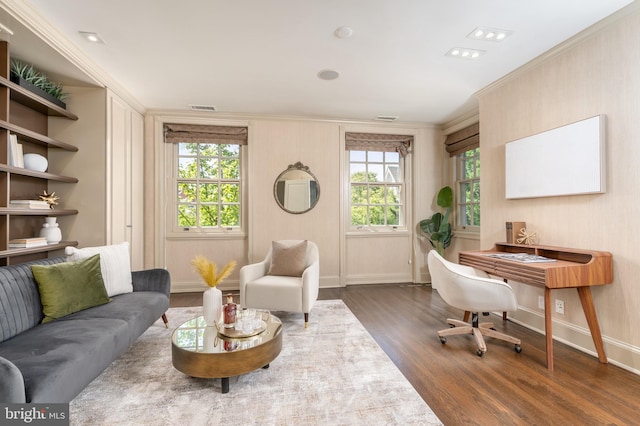 interior space with baseboards, visible vents, ornamental molding, and dark wood-type flooring