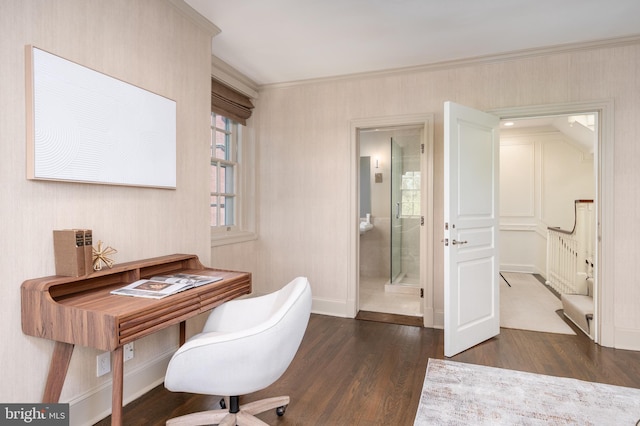 home office with baseboards and wood finished floors