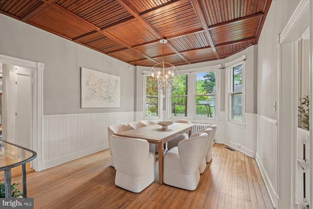 6763 25th St N, Arlington, VA 22213 - dining space with wooden ceiling, a chandelier, a wainscoted wall, and light wood finished floors