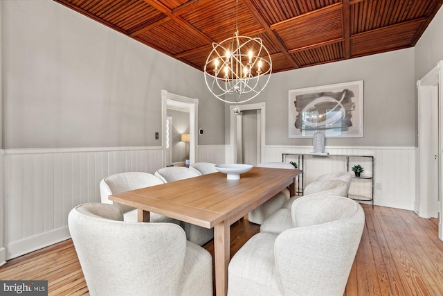 6763 25th St N, Arlington, VA 22213 - dining area with wood ceiling, a chandelier, wainscoting, and hardwood / wood-style floors