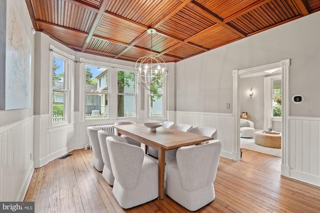 6763 25th St N, Arlington, VA 22213 - dining area with wainscoting, a chandelier, wood ceiling, and light wood-style flooring
