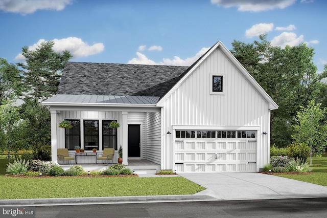 33833 Joel Ln, Lewes, DE 19958 - modern farmhouse featuring a front lawn, a standing seam roof, board and batten siding, a porch, and driveway