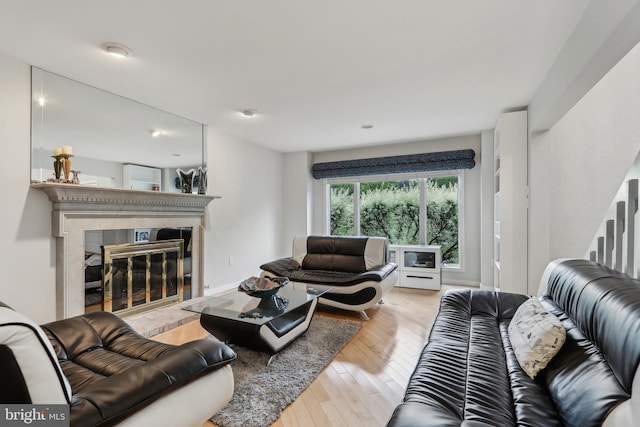living room featuring hardwood / wood-style floors and a fireplace