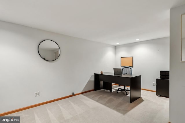 carpeted home office featuring baseboards and recessed lighting