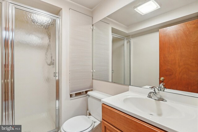 full bathroom featuring toilet, a shower stall, and vanity