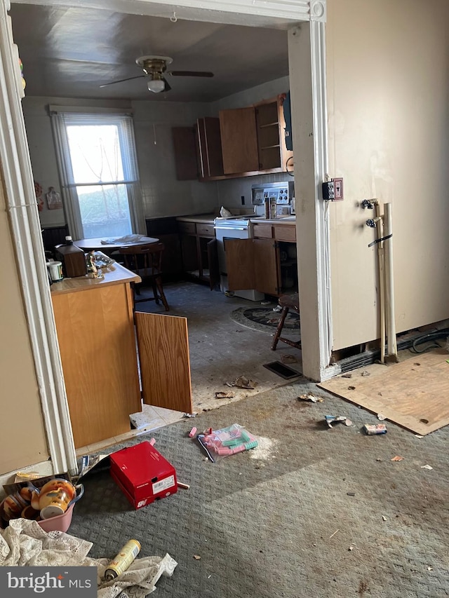 kitchen featuring ceiling fan and open shelves