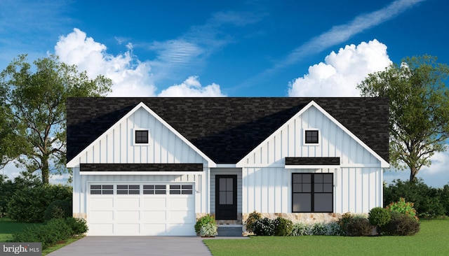 view of front facade featuring a shingled roof, board and batten siding, and concrete driveway