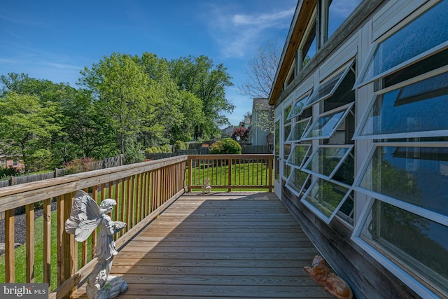 wooden deck with a fenced backyard and a yard