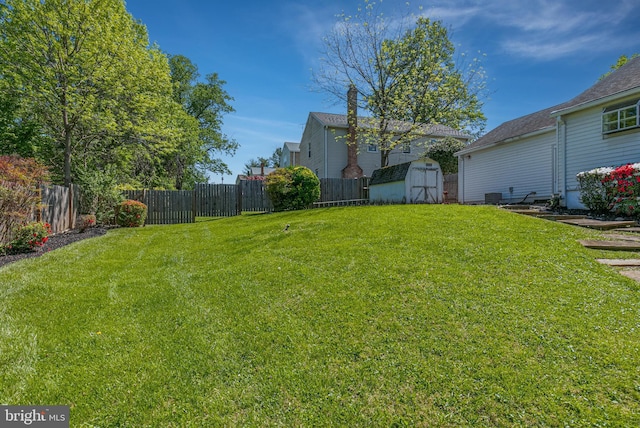 view of yard featuring cooling unit, an outbuilding, a shed, and a fenced backyard