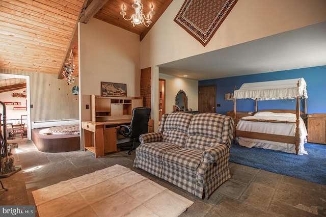 bedroom featuring high vaulted ceiling, a notable chandelier, wood ceiling, and beam ceiling