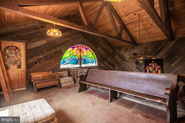 rec room featuring wooden walls, wood ceiling, vaulted ceiling with beams, and carpet