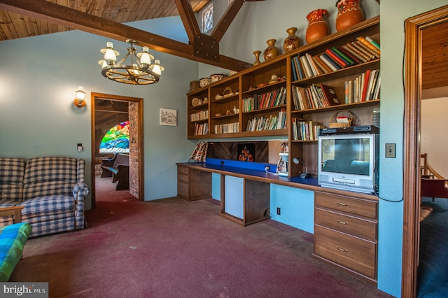 home office featuring wood ceiling, built in desk, high vaulted ceiling, an inviting chandelier, and carpet flooring
