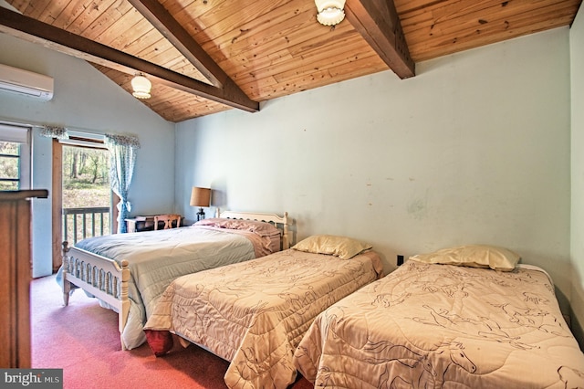 bedroom with carpet floors, access to exterior, an AC wall unit, vaulted ceiling with beams, and wood ceiling