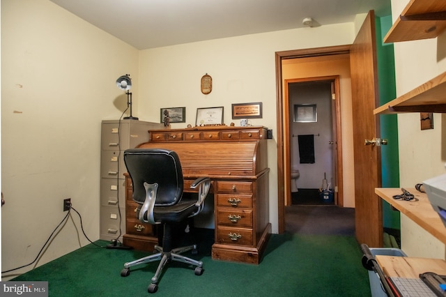 home office featuring dark carpet