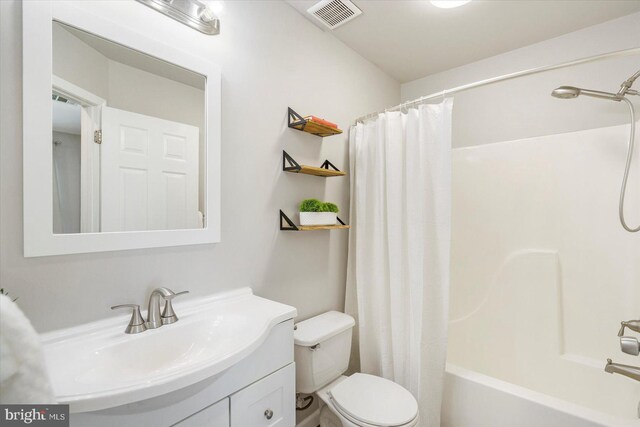 full bath with vanity, shower / bathtub combination with curtain, toilet, and visible vents