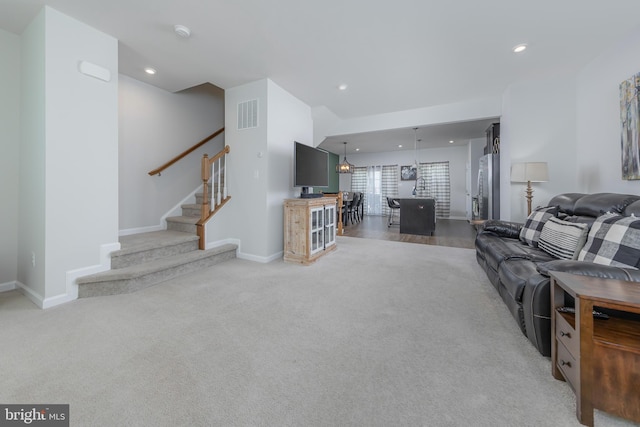 504 Sammy St, Woolwich Twp, NJ 08085 - living area with light carpet, stairs, recessed lighting, baseboards, and visible vents