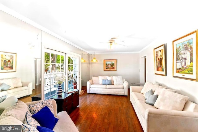 10728 Zion Dr, Fairfax, VA 22032 - living area featuring crown molding, dark wood-style flooring, and ceiling fan