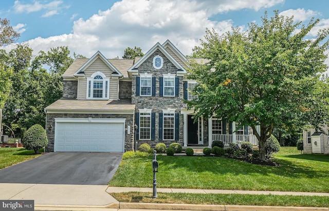 view of front of property featuring a porch, driveway, a front lawn, and stone siding