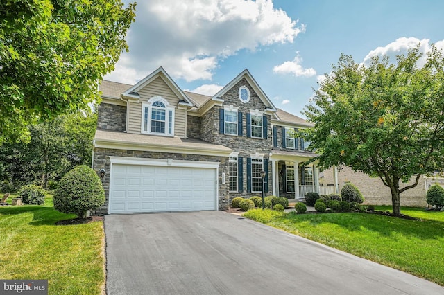 view of front facade with a front yard, driveway, stone siding, and a garage