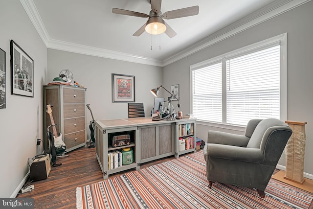 office area featuring crown molding, ceiling fan, and dark wood-style floors