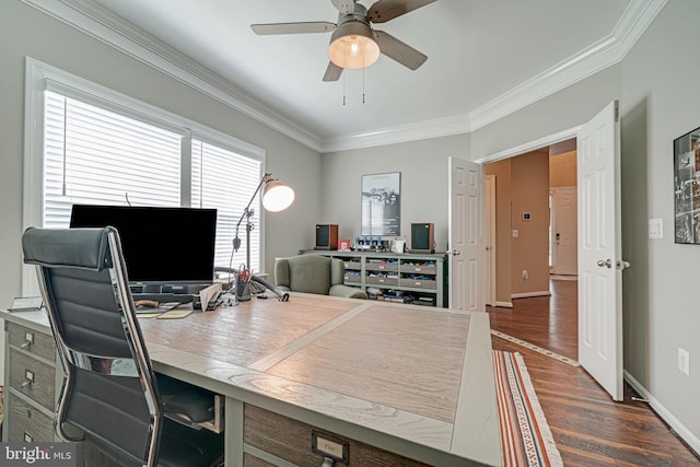 office featuring a ceiling fan, baseboards, dark wood-style floors, and ornamental molding