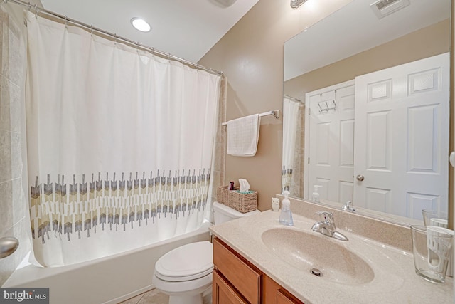 bathroom with tile patterned flooring, vanity, toilet, shower / bathtub combination with curtain, and visible vents