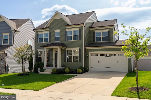 view of front of property with a front yard, fence, concrete driveway, an attached garage, and a shingled roof