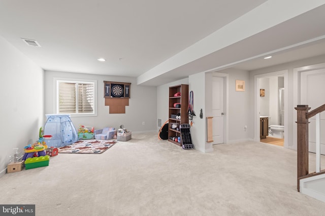 rec room with visible vents, recessed lighting, baseboards, and carpet floors