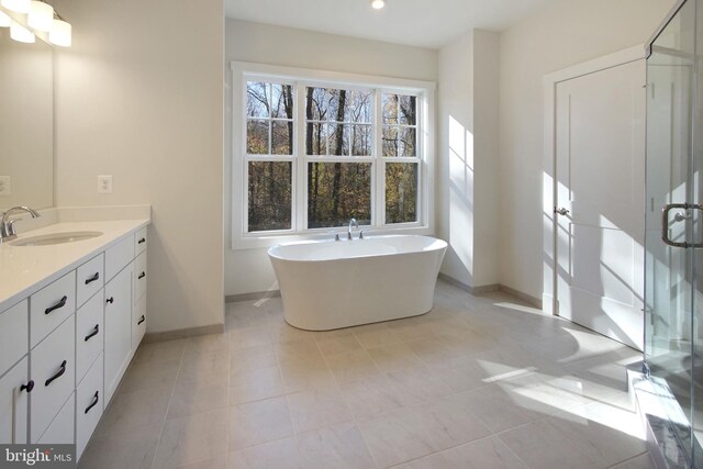 bathroom featuring a freestanding bath, baseboards, a shower stall, and vanity