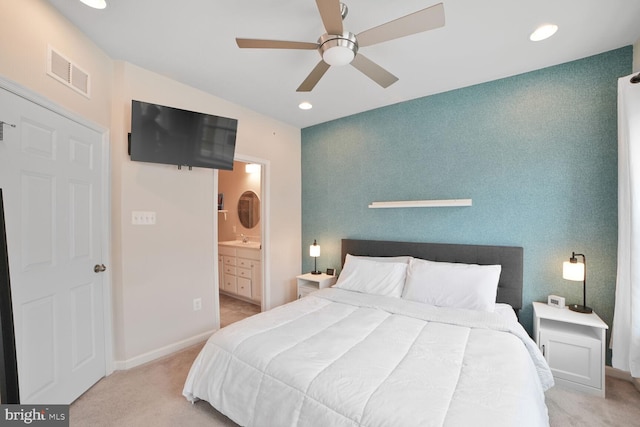 12521 Honey Locust Way, Beltsville, MD 20705 - carpeted bedroom featuring a sink, connected bathroom, baseboards, recessed lighting, and ceiling fan
