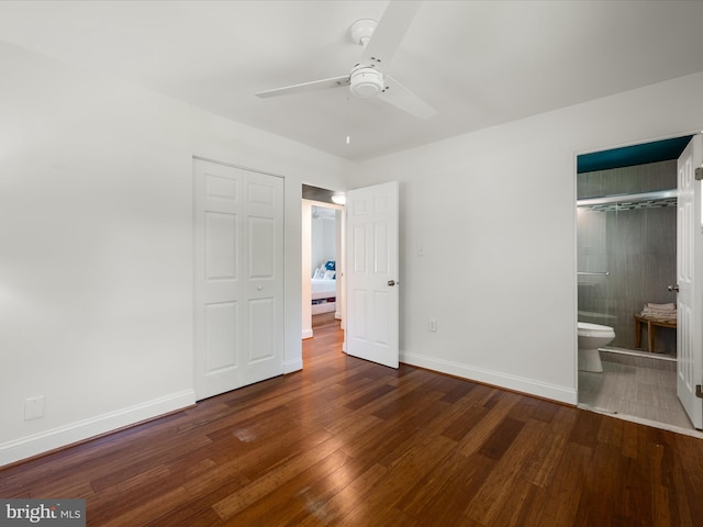 1904 N Amelia St, Sterling, VA 20164 - unfurnished bedroom with wood finished floors, baseboards, a closet, ensuite bathroom, and ceiling fan