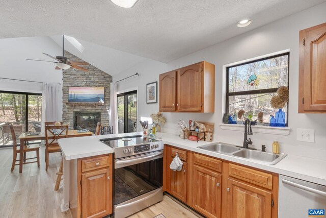 kitchen featuring a sink, electric stove, a peninsula, a wealth of natural light, and dishwashing machine