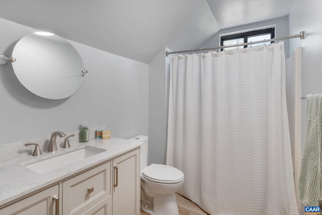 bathroom with vanity, curtained shower, wood finished floors, toilet, and vaulted ceiling