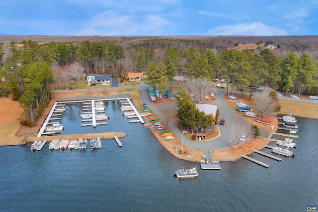 drone / aerial view featuring a water view