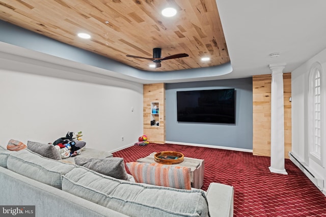 living room featuring carpet flooring, baseboards, decorative columns, wooden ceiling, and a baseboard heating unit
