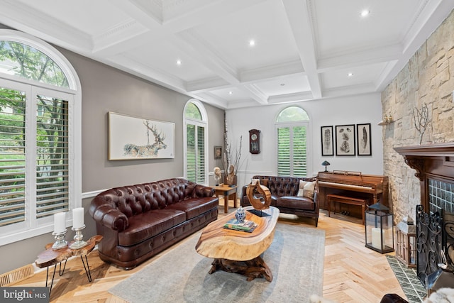 living room with beam ceiling, a fireplace, recessed lighting, visible vents, and coffered ceiling