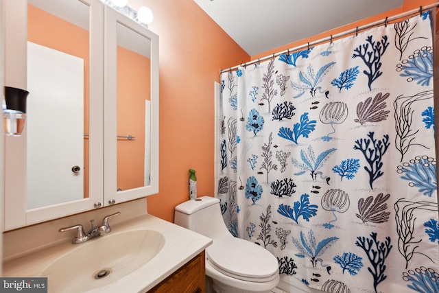 bathroom featuring vanity, toilet, and a shower with shower curtain