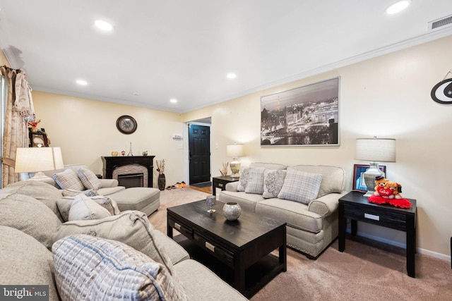 carpeted living room featuring recessed lighting, ornamental molding, and visible vents