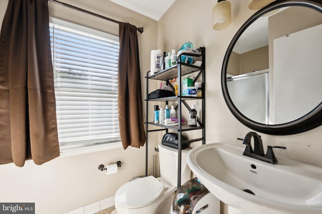 bathroom with toilet, a shower with shower door, a healthy amount of sunlight, and a sink