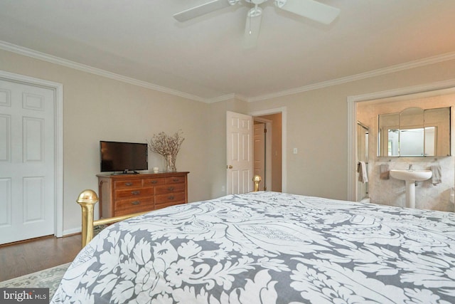 6368 Waterway Dr, Falls Church, VA 22044 - bedroom featuring crown molding, wood finished floors, a sink, ensuite bathroom, and a ceiling fan