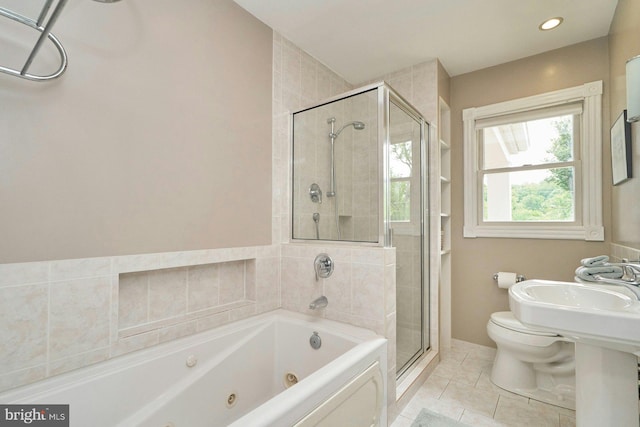 6368 Waterway Dr, Falls Church, VA 22044 - full bathroom with a shower stall, a jetted tub, tile patterned flooring, toilet, and recessed lighting
