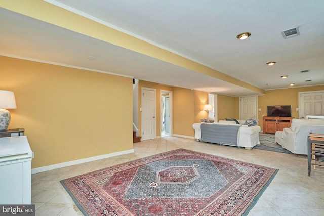 6368 Waterway Dr, Falls Church, VA 22044 - living area featuring tile patterned flooring, stairs, crown molding, baseboards, and recessed lighting