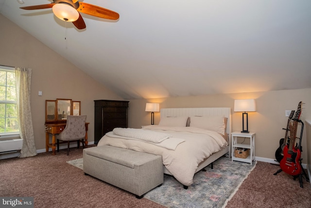 bedroom featuring baseboards, ceiling fan, carpet flooring, and lofted ceiling