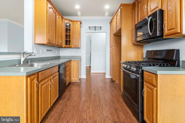 1604 Martha Ct Unit 404, Bel Air, MD 21015 - kitchen featuring stainless steel gas stove, a sink, dishwasher, dark wood-type flooring, and ornamental molding