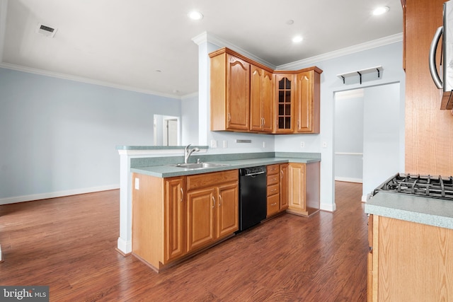 1604 Martha Ct Unit 404, Bel Air, MD 21015 - kitchen with dishwasher, a sink, crown molding, dark wood-style flooring, and baseboards