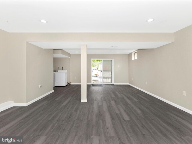 1710 Dennis Ct, District Heights, MD 20747 - basement with dark wood-style flooring, baseboards, washer / dryer, and recessed lighting
